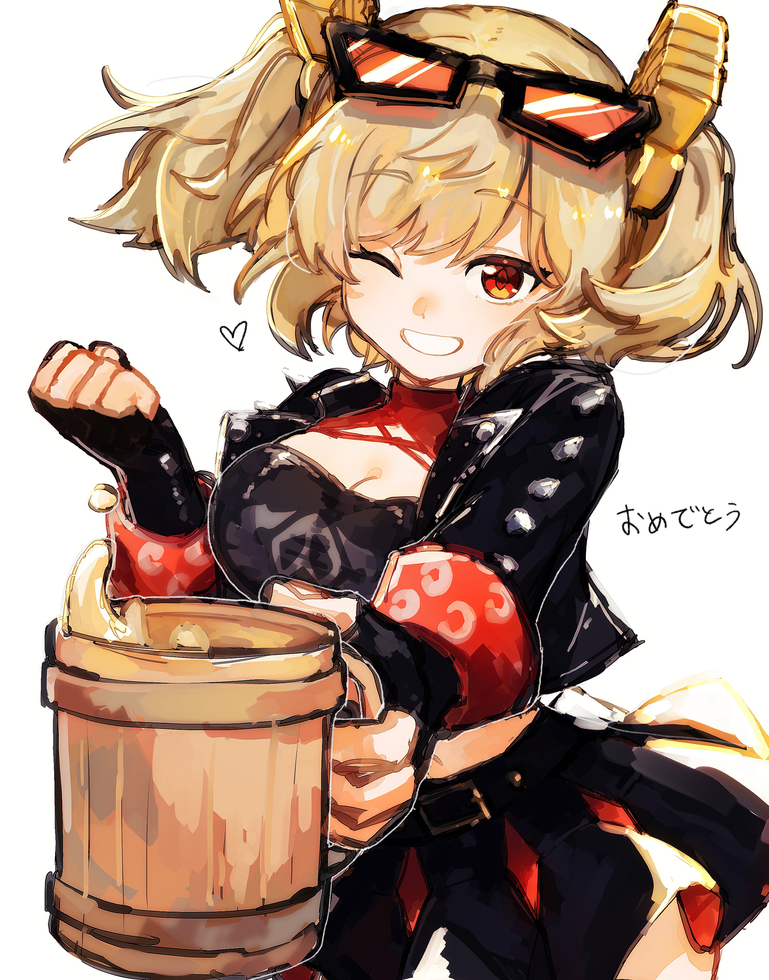 nandaka 0103, burnice white, zenless zone zero, absurdres, commentary request, highres, 1girl, beer mug, black gloves, black jacket, blonde hair, breasts, cleavage, clenched hand, cup, eyewear on head, fingerless gloves, gloves, grin, holding, holding cup, jacket, large breasts, looking at viewer, mug, one eye closed, open clothes, open jacket, red eyes, simple background, skirt, smile, solo, sunglasses, twintails, white background