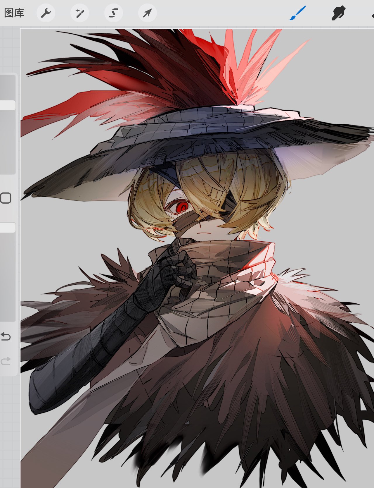 bochishiraita, sinclair (project moon), limbus company, project moon, chinese commentary, highres, 1boy, art program in frame, bandage on face, bandaged arm, bandages, blonde hair, brown feathers, brown scarf, feathers, grey background, hat, heishou pack-you branch (identity) (project moon), looking at viewer, male focus, one eye covered, red eyes, red feathers, rice hat, scarf, upper body