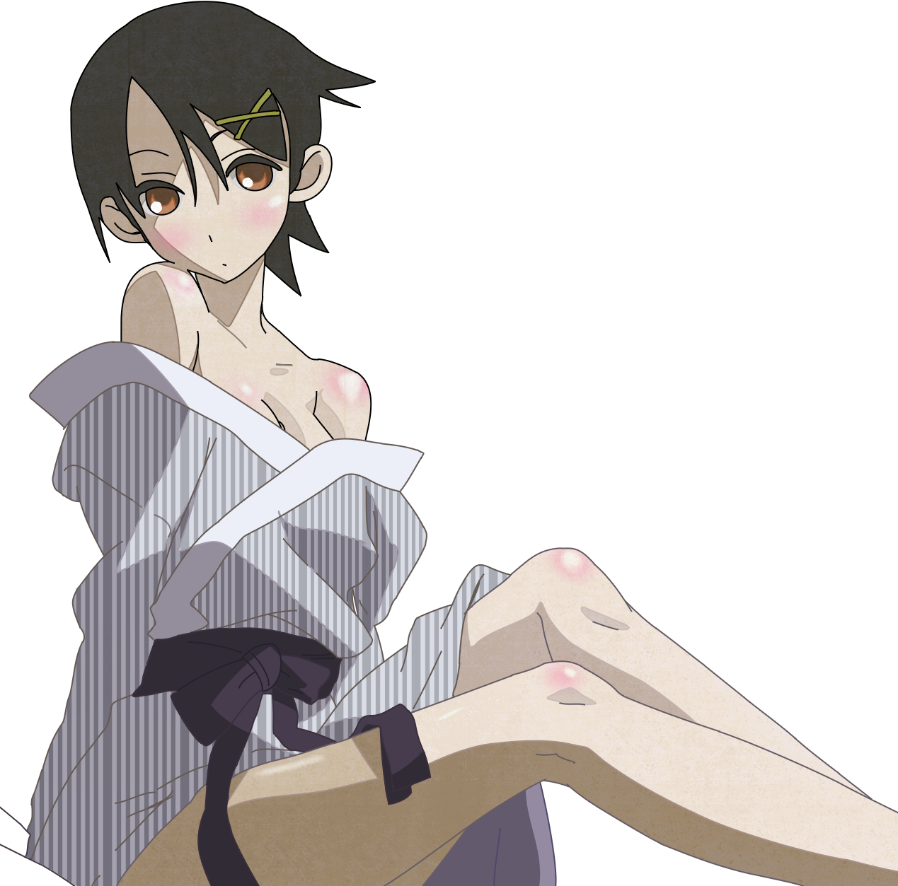 fuura kafuka, sayonara zetsubou sensei, derivative work, highres, vector trace, 00s, bare shoulders, japanese clothes, kimono, solo, transparent background, yukata