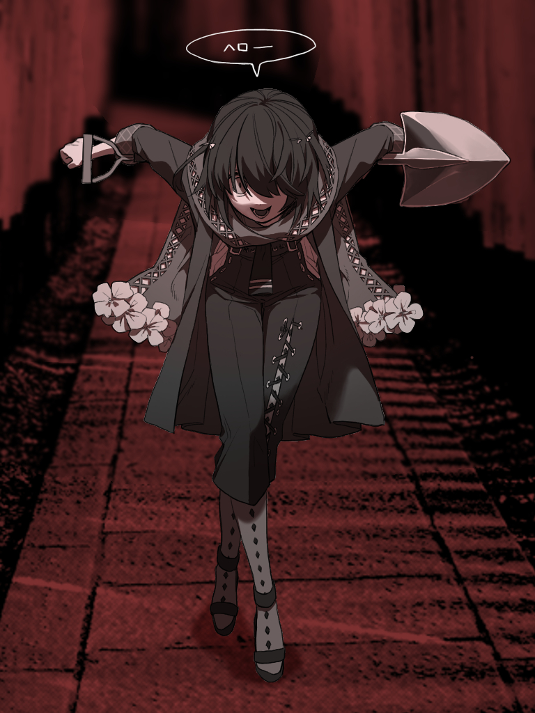 mashiro meme, mashiro meme (1st costume), nijisanji, 1boy, arms behind back, bent over, blurry, blurry background, coat, cross-laced clothes, full body, goringo2828, greyscale with colored background, hair over one eye, high heels, looking at viewer, male focus, open-toe shoes, open mouth, pants, pantyhose, safety pin hair ornament, scarf, short hair, shovel, smile, solo, two side up, virtual youtuber