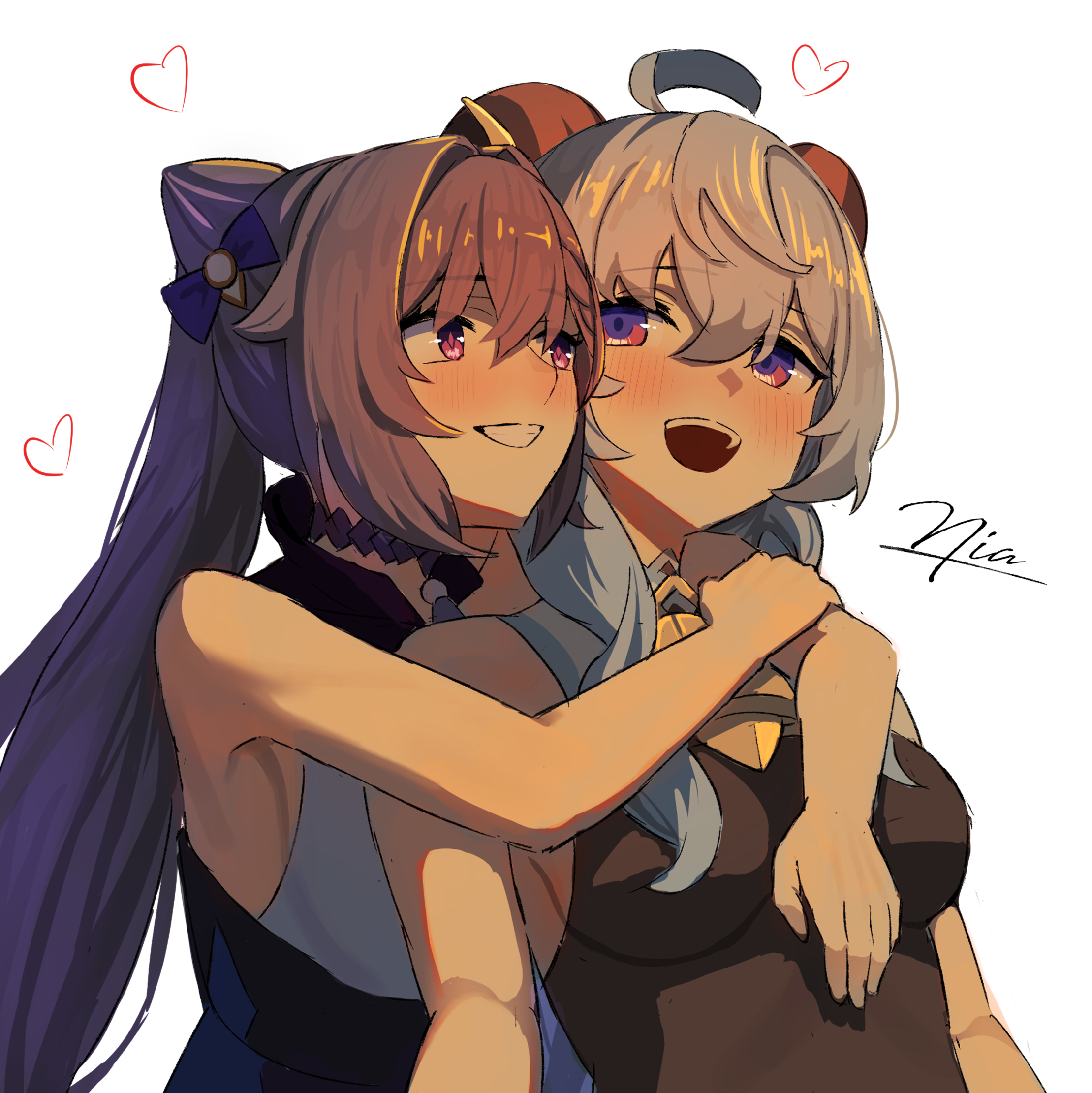 niadn nb, ganyu (genshin impact), keqing (genshin impact), genshin impact, commentary, highres, 2girls, arms around neck, bare arms, black leotard, blue hair, cone hair bun, grin, hair bun, heart, horns, hug, hug from behind, leotard, multiple girls, open mouth, purple eyes, purple hair, simple background, smile, white background, yuri