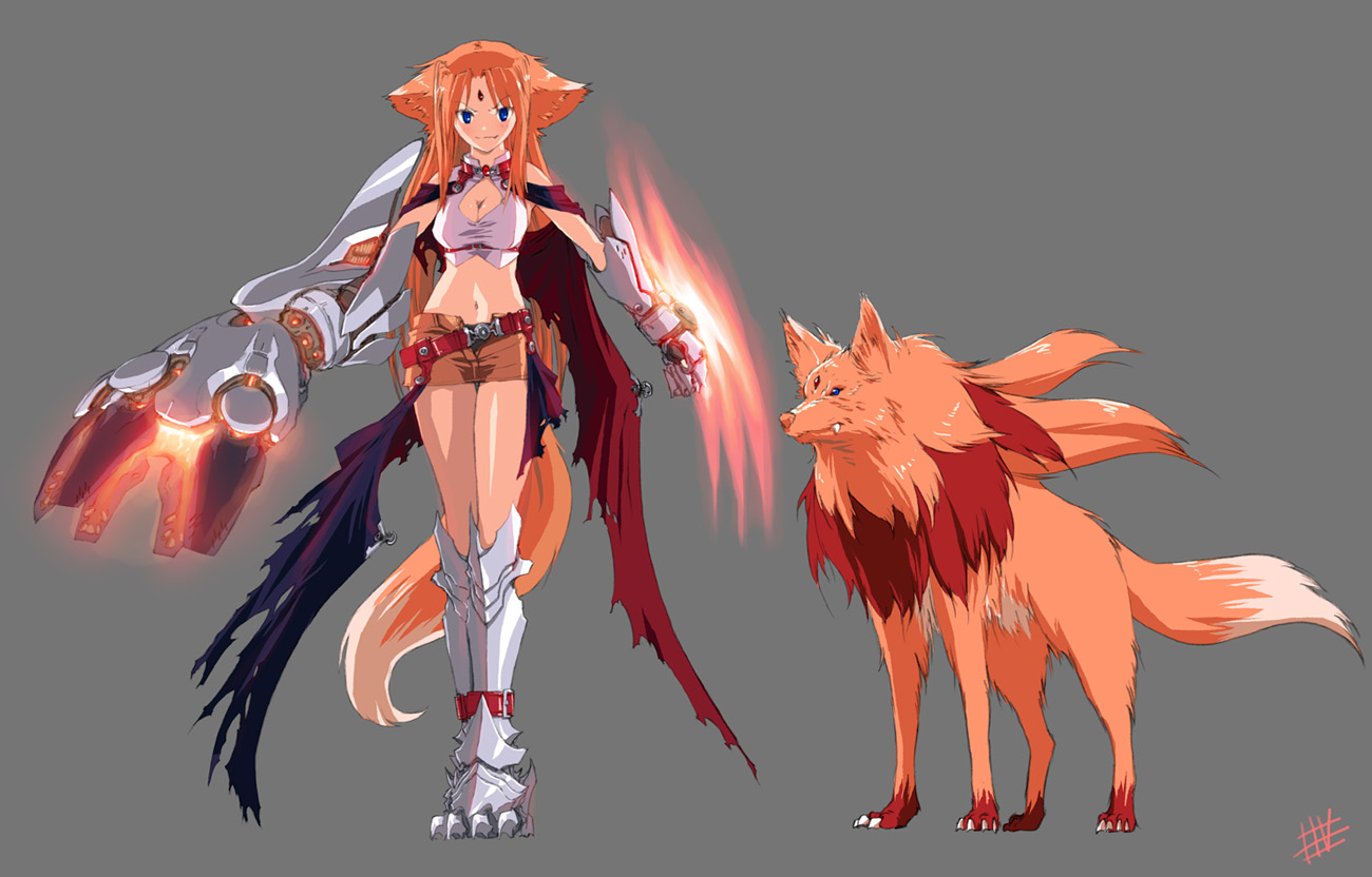wadatsumi garland, arf, lyrical nanoha, mahou shoujo lyrical nanoha, 00s, 1girl, animal ears, blue eyes, breasts, claws, cleavage, female focus, fox ears, long hair, midriff, red hair, solo, tail