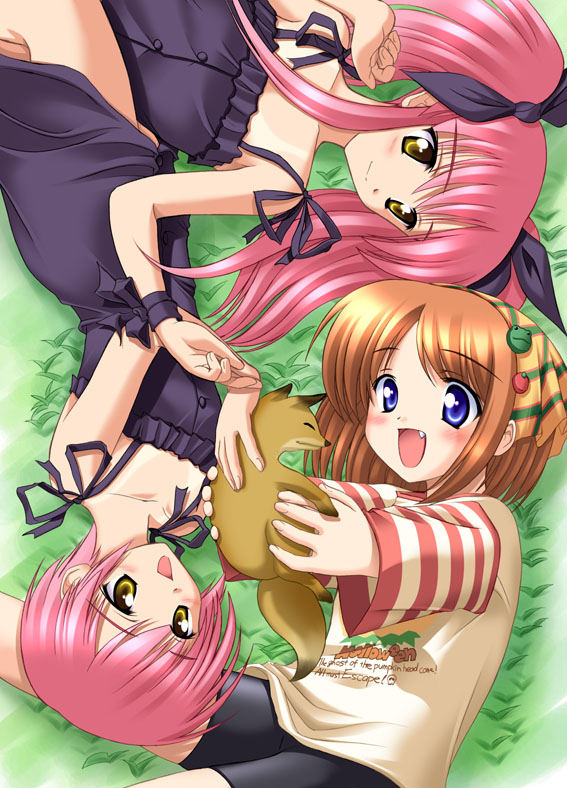 kishi nisen, kousaka alice, kousaka maria, waha, yamato suzuran, suigetsu, striped, 3girls, bike shorts, blue eyes, brown hair, dress, fang, ferret, hair ornament, hairclip, lying, multiple girls, on back, on side, one-piece tan, pink hair, short hair, siblings, sisters, smile, tan, tanline, twins, yellow eyes