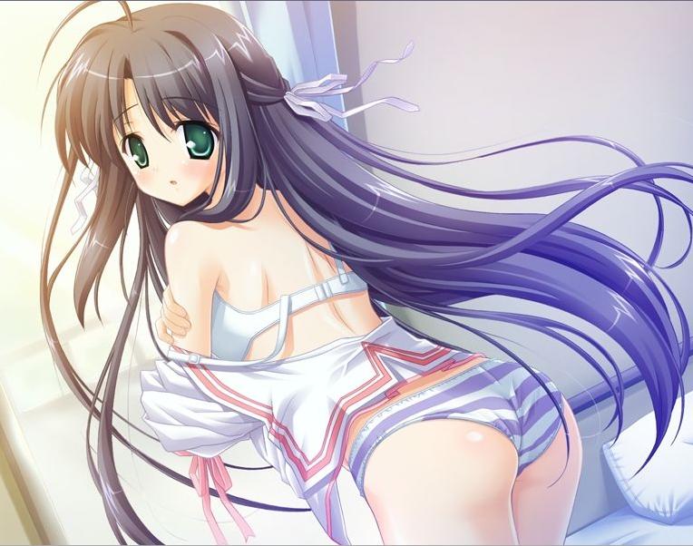 kimura koroya, hoshino shinju, gakuto!, game cg, 1girl, ahoge, ass, black hair, blue hair, blue panties, blush, bra, dutch angle, female focus, green eyes, hair ribbon, leaning forward, lingerie, long hair, looking back, panties, ribbon, school uniform, serafuku, solo, strap slip, striped clothes, striped panties, underwear, undressing, very long hair, white bra