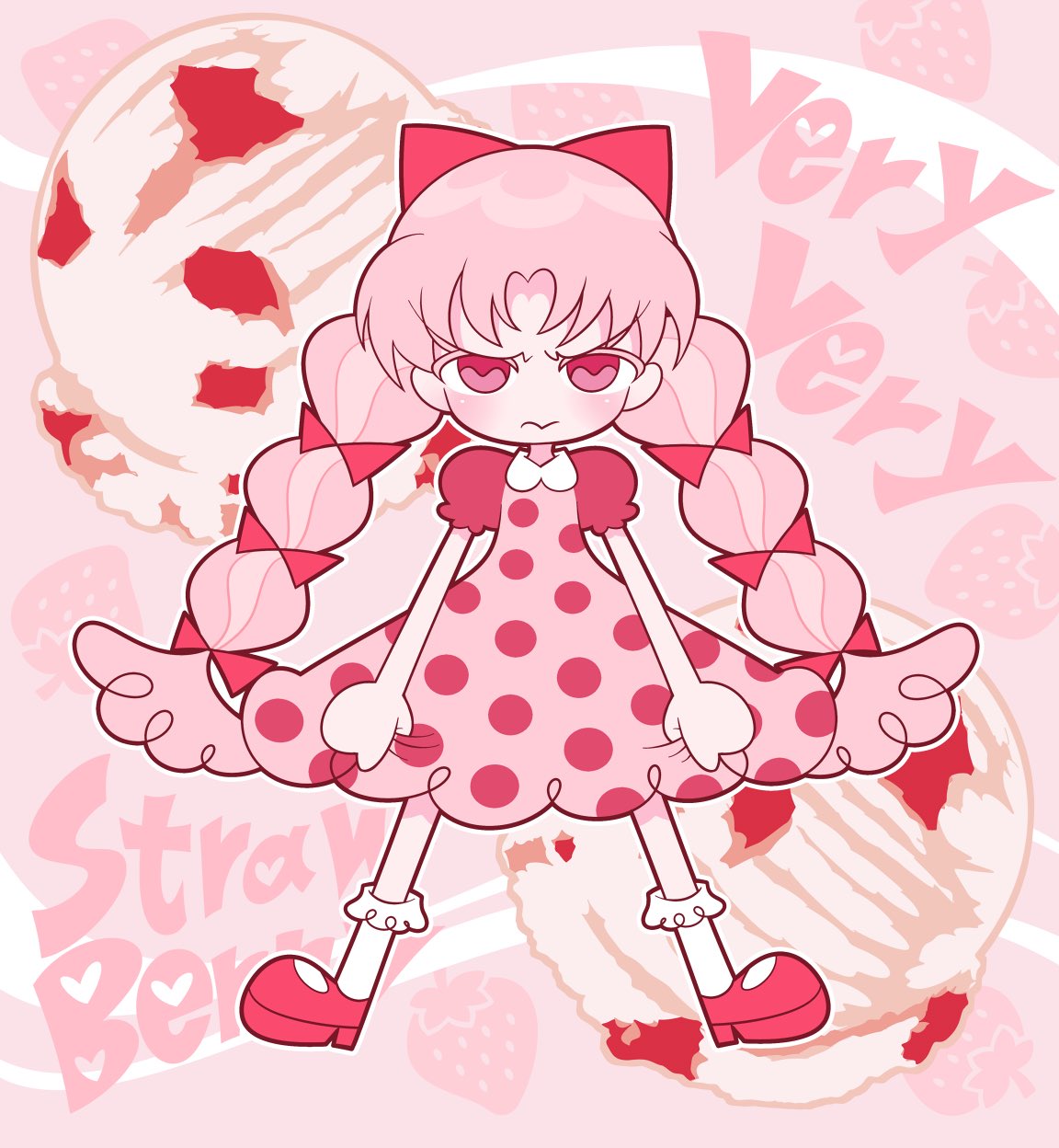ezaki bisuko, original, highres, 1girl, blush, bow, braid, closed mouth, collared dress, colored eyelashes, dress, food, full body, ice cream, looking at viewer, outline, petite, pink bow, pink dress, pink eyes, pink hair, pink shoes, pink theme, polka dot, polka dot dress, puffy short sleeves, puffy sleeves, shoes, short sleeves, socks, solo, twin braids, white outline, white socks