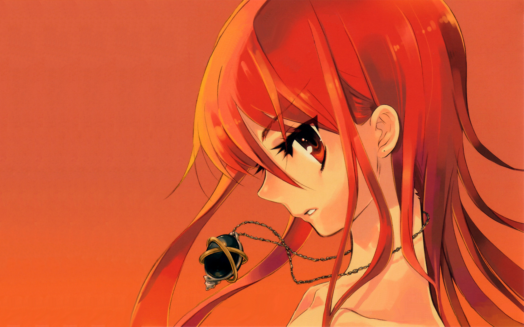 alastor (shakugan no shana), shana, shakugan no shana, highres, 00s, 1girl, female focus, jewelry, long hair, orange theme, pendant, red eyes, red hair, solo