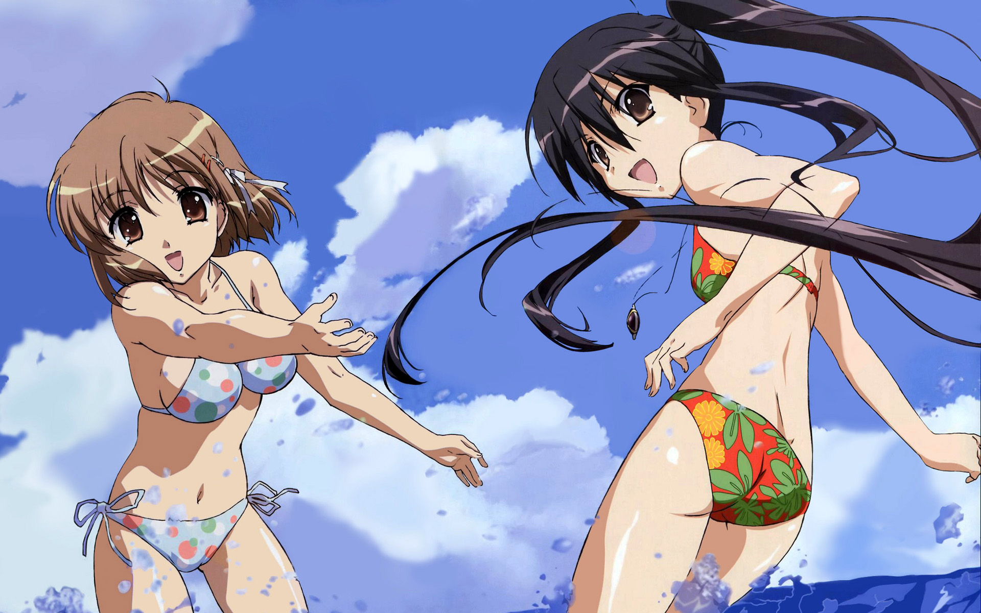 hasegawa shin'ya, alastor (shakugan no shana), shana, yoshida kazumi, shakugan no shana, highres, official art, official wallpaper, 00s, 2girls, ass, bikini, black hair, brown eyes, brown hair, cloud, cowboy shot, day, floral print, hair ribbon, jewelry, long hair, multiple girls, navel, open mouth, outdoors, pendant, polka dot, polka dot bikini, ponytail, print bikini, ribbon, short hair, side-tie bikini bottom, sky, splashing, swimsuit, twintails, wading, water