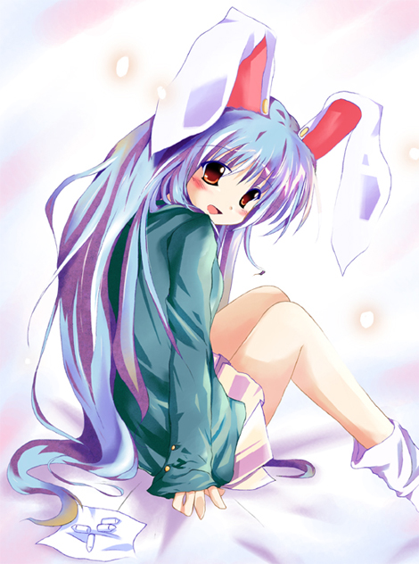 reisen udongein inaba, touhou, 1girl, :d, animal ears, arm support, blazer, blue hair, blush, female focus, from behind, head tilt, jacket, long hair, long sleeves, looking at viewer, looking back, loose socks, miniskirt, open mouth, pleated skirt, rabbit ears, red eyes, sitting, skirt, sleeves past wrists, smile, socks, solo, very long hair, white socks