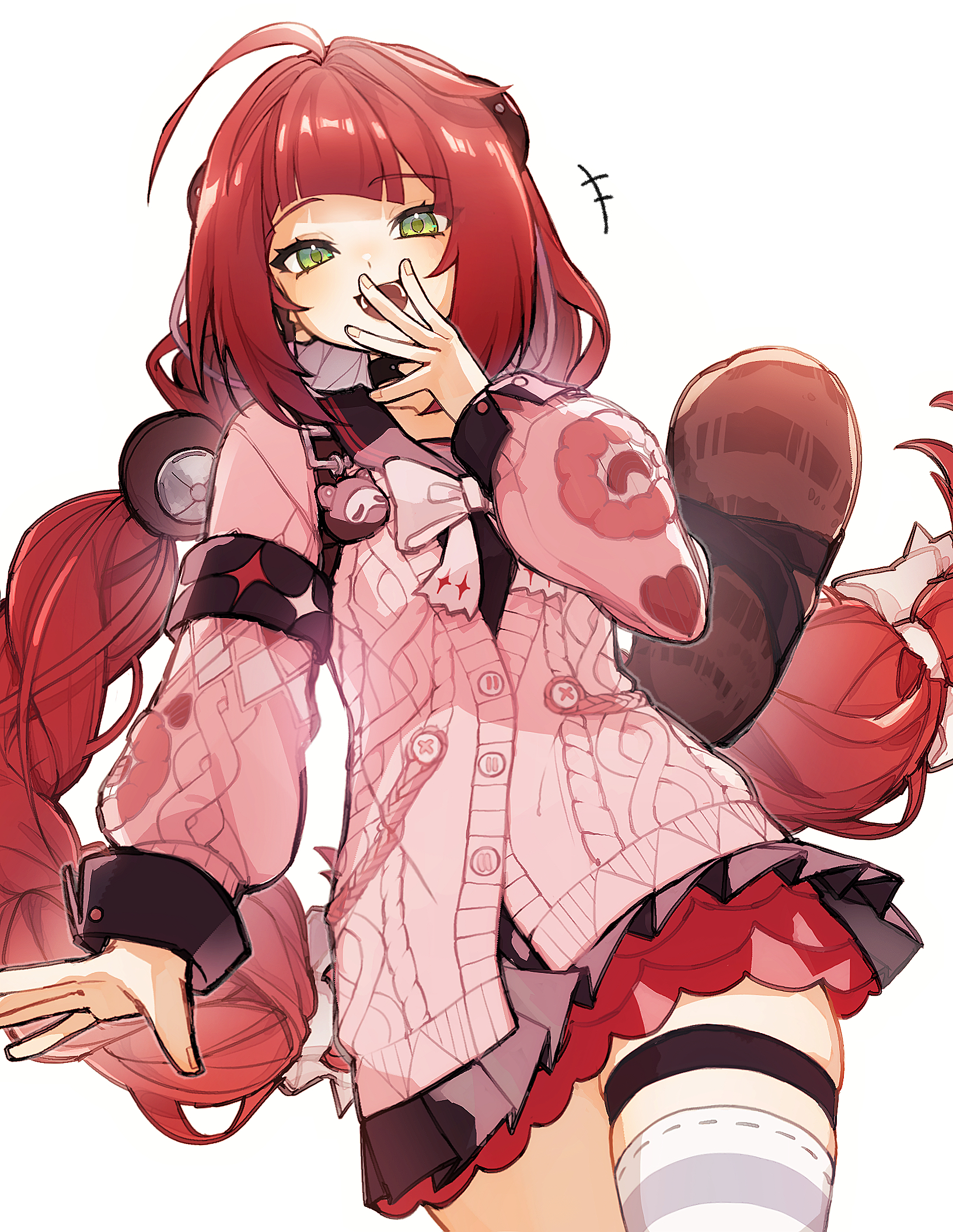 nandaka 0103, kamanosuke (zenless zone zero), ukinami yuzuha, zenless zone zero, commentary, highres, +++, 1girl, ahoge, black sailor collar, bow, braid, cardigan, green eyes, hair bow, hair ornament, hand to own mouth, long hair, long sleeves, open mouth, pink cardigan, red hair, sailor collar, simple background, single thighhigh, solo focus, striped clothes, striped thighhighs, thigh strap, thighhighs, twin braids, very long hair, white background, white bow
