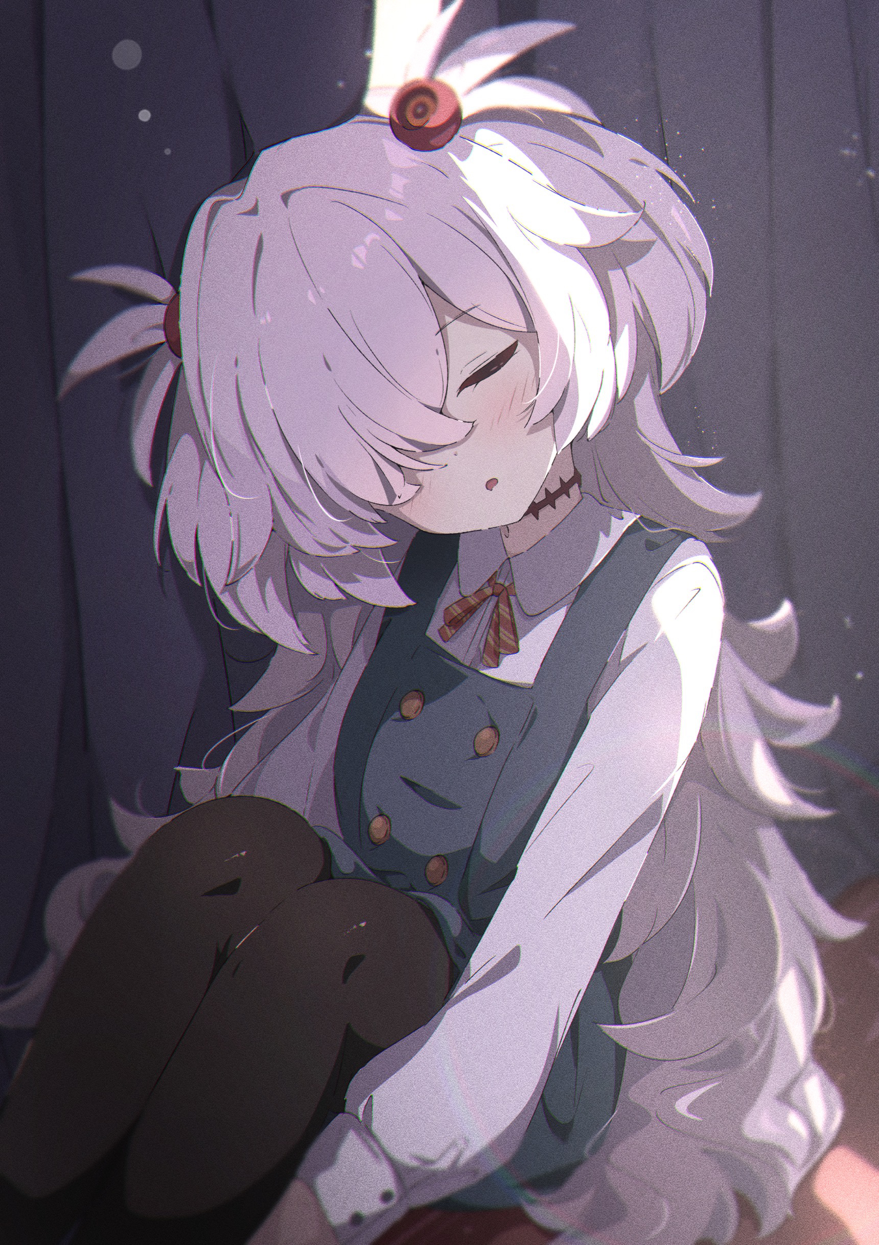 yu wo, kanoe (blue archive), blue archive, absurdres, highres, 1girl, black dress, black pantyhose, closed eyes, collared shirt, dress, hair bobbles, hair ornament, hair over one eye, light blush, long hair, neck ribbon, orange ribbon, pantyhose, ribbon, scar, scar on neck, shirt, sleeping, solo, two side up, white hair, white shirt