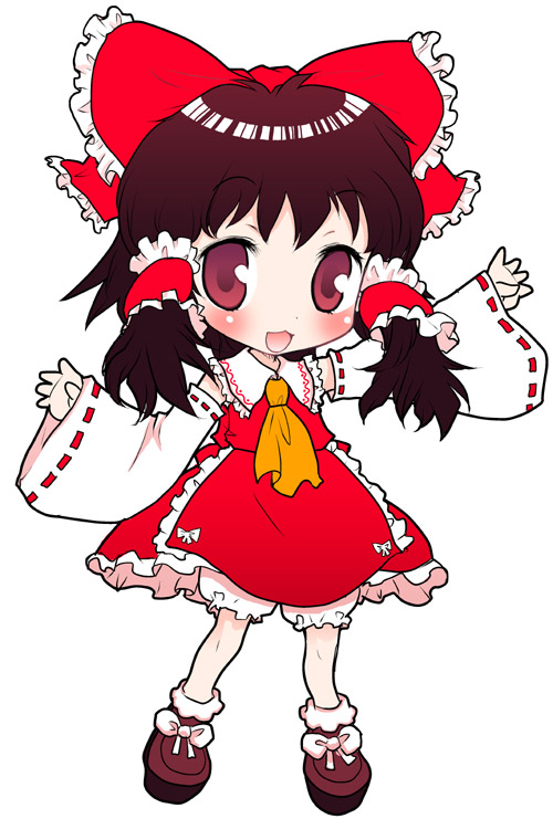 okome (ricecandy), ricecandy, shunsei (muratou), hakurei reimu, touhou, white legwear, 1girl, :3, ascot, black hair, bloomers, blush, bow, chibi, detached sleeves, female focus, frilled skirt, frills, full body, hair bow, hair tubes, looking at viewer, open mouth, outstretched arms, red bow, red eyes, red ribbon, red skirt, ribbon, ribbon-trimmed sleeves, ribbon trim, shoes, sidelocks, simple background, skirt, skirt set, smile, solo, underwear, vest, white background, white bloomers