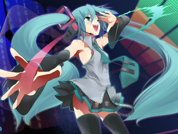 hatsune miku, vocaloid, blue eyes, blue hair, long hair, necktie, skirt, solo, thighhighs, twintails, very long hair, zettai ryouiki