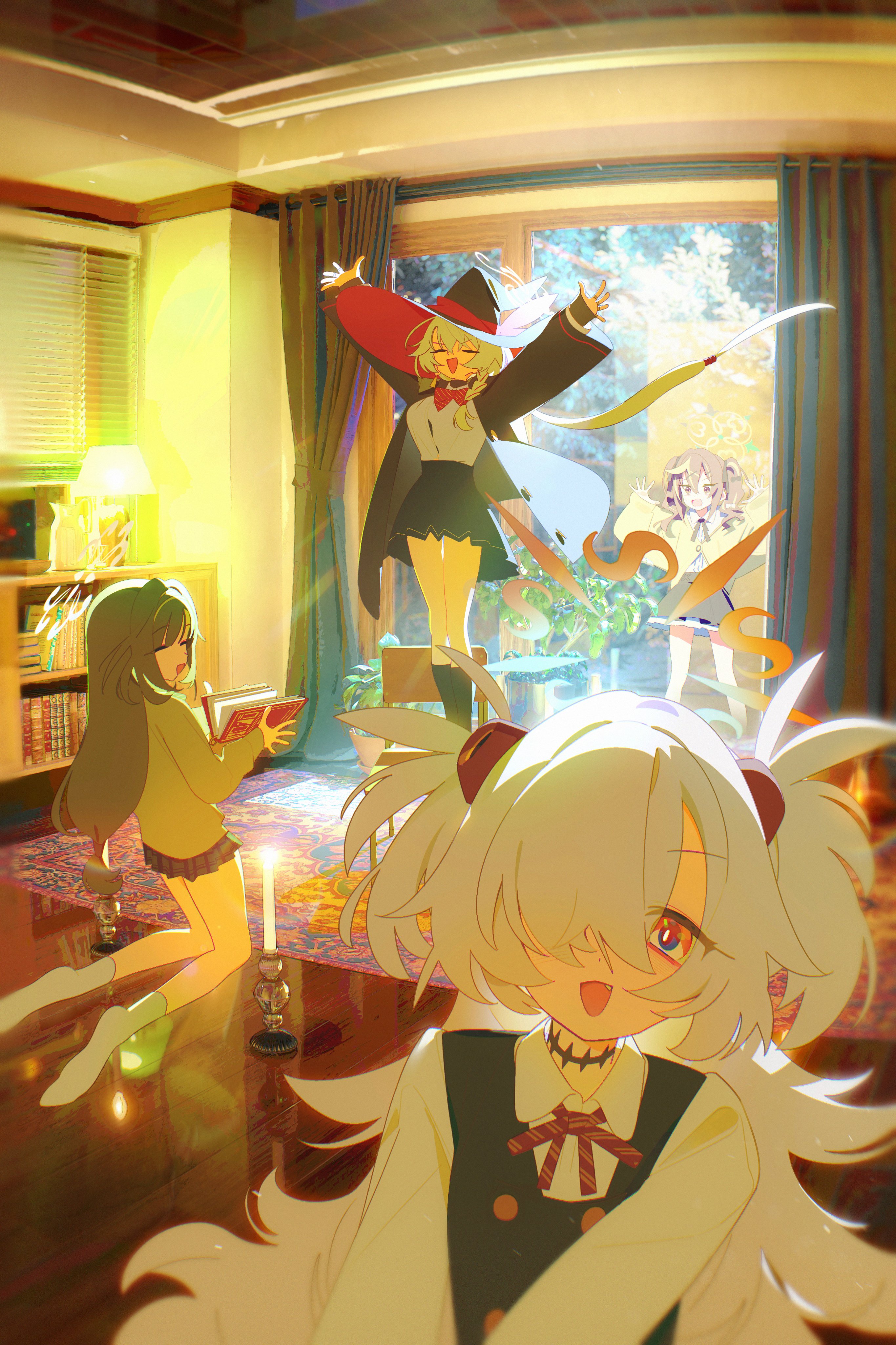bm tol, eri (blue archive), kanoe (blue archive), rena (blue archive), tsumugi (blue archive), blue archive, absurdres, highres, 4girls, arms up, black skirt, book, brown hair, candle, cape, cardigan, carpet, collared shirt, curtains, dress, fang, green hair, hair over one eye, halo, hat, holding, holding book, indoors, kneeling, lampshade, long hair, long sleeves, looking at viewer, miniskirt, multiple girls, open mouth, pinafore dress, pleated skirt, rug, shirt, short hair, skirt, sleeveless, sleeveless dress, smile, socks, standing, twintails, two side up, white hair, white shirt, window, witch hat
