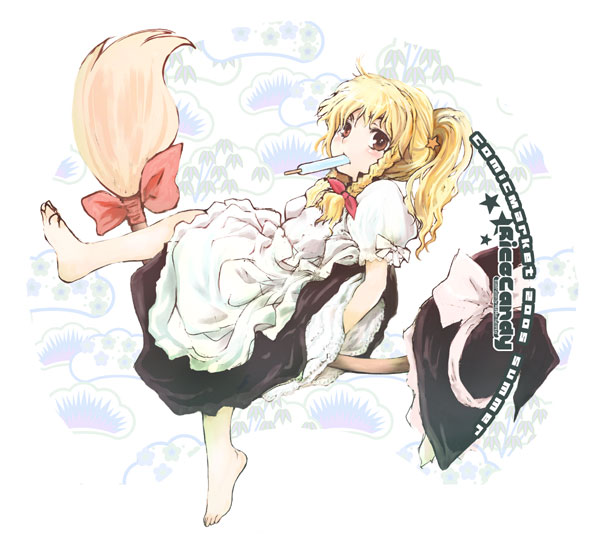 hatomugi munmun, kirisame marisa, touhou, 1girl, barefoot, blonde hair, female focus, food, hat, popsicle, solo, syoujyo-zukin, witch hat