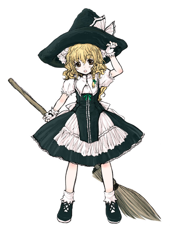 hatomugi munmun, kirisame marisa, curiosities of lotus asia, touhou, 1girl, alternate costume, blonde hair, braid, broom, female focus, gloves, hand on headwear, hat, solo, syoujyo-zukin, witch, witch hat, yellow eyes