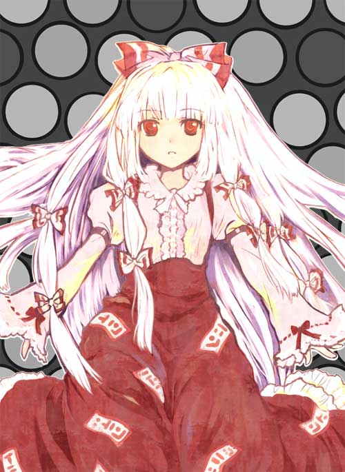 hatomugi munmun, fujiwara no mokou, touhou, 1girl, :o, bow, female focus, hair bow, juliet sleeves, long hair, long sleeves, looking at viewer, multiple hair bows, ofuda, pants, puffy sleeves, red eyes, sidelocks, sleeves past wrists, solo, suspenders, syoujyo-zukin, very long hair, white hair