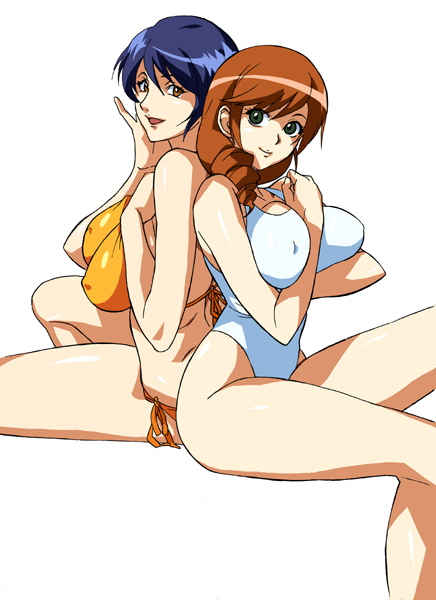 cirima, volvox, daimon sayuri, noguchi misuzu, digimon, digimon savers, breast hold, highleg swimsuit, 2girls, :d, arm between breasts, back-to-back, between breasts, bikini, blue hair, breast lift, breast press, breasts, breasts squeezed together, brown hair, clenched hand, covered erect nipples, curvy, drill hair, green eyes, hair between eyes, hair over shoulder, hand on own chest, hand on own face, highleg, huge breasts, large breasts, legs, light smile, long hair, long legs, looking at viewer, looking back, mature female, multiple girls, one-piece swimsuit, open mouth, orange eyes, red hair, short hair, side-tie bikini bottom, side ponytail, simple background, sitting, smile, swimsuit, thighs, white background, white one-piece swimsuit, yellow eyes, yellow one-piece swimsuit