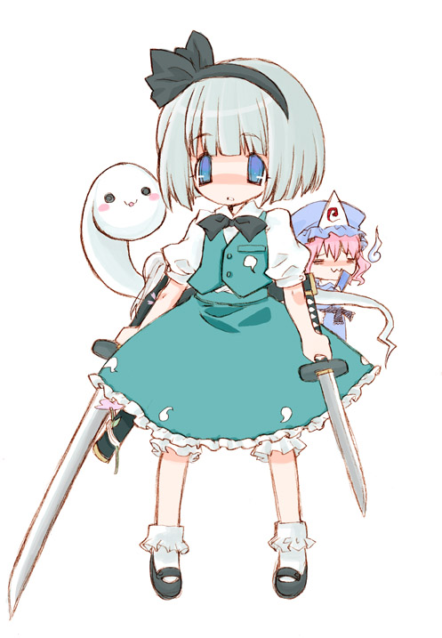 maitou, konpaku youmu, konpaku youmu (ghost), saigyouji yuyuko, touhou, black footwear, silver hair, white legwear, 2girls, :3, = =, bloomers, blue eyes, blunt bangs, blush stickers, dual wielding, female focus, full body, green skirt, hair ribbon, hat, hitodama, holding, holding sword, holding weapon, katana, looking at viewer, mob cap, multiple girls, pink hair, puffy sleeves, ribbon, sheath, shoes, short hair, simple background, skirt, skirt set, socks, standing, sword, triangular headpiece, underwear, vest, weapon, white background, white bloomers