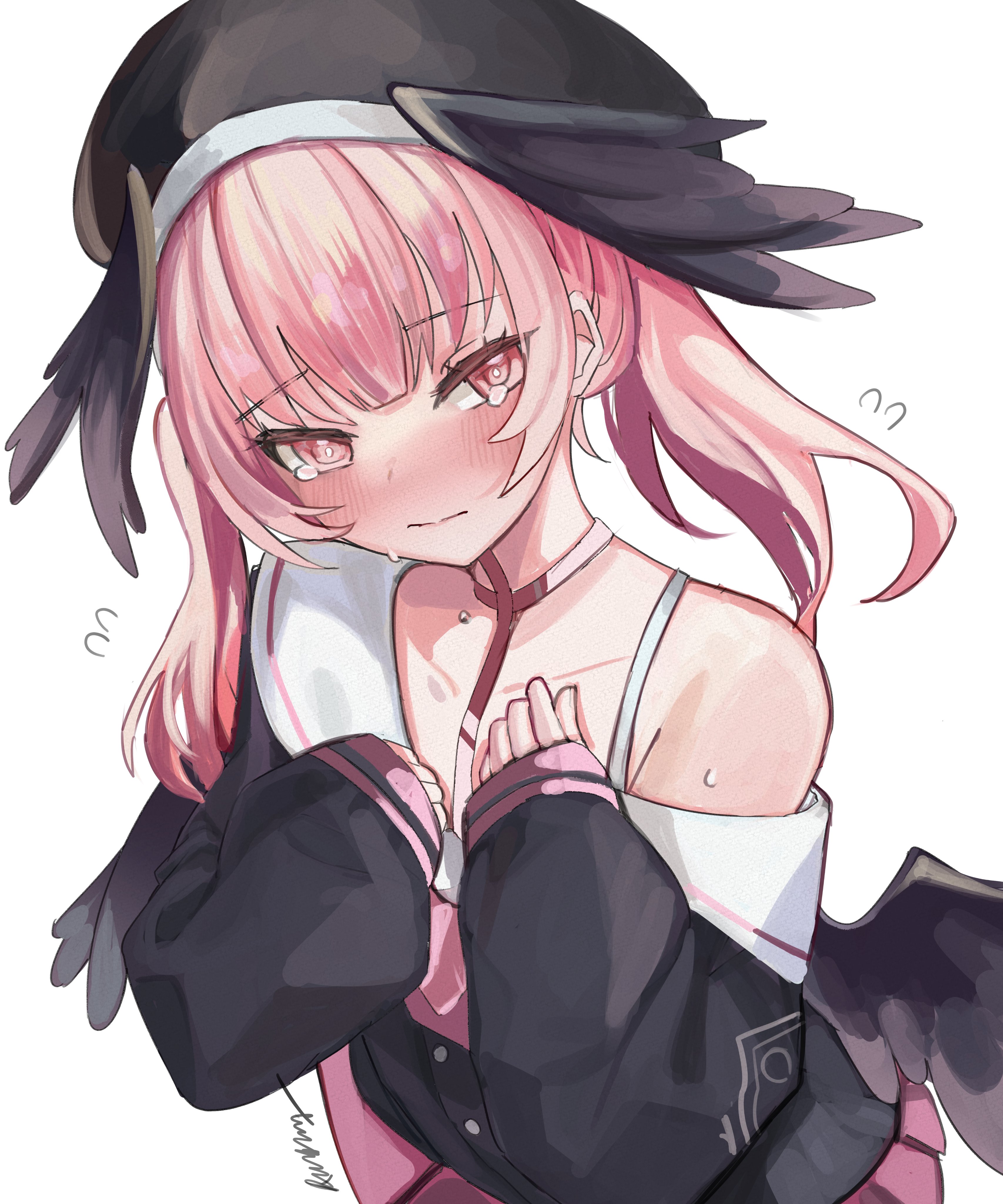 rudang, koharu (blue archive), blue archive, absurdres, highres, 1girl, beret, black hat, black shirt, black wings, blush, bra strap, bright pupils, choppy bangs, closed mouth, collarbone, embarrassed, hat, head wings, long hair, long sleeves, looking at viewer, low wings, mini wings, off shoulder, pink eyes, pink hair, shirt, simple background, solo, tearing up, thighhighs, twintails, upper body, white background, white pupils, wings