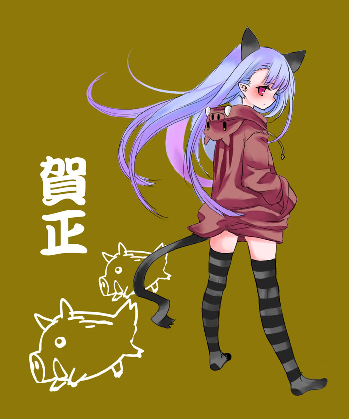 maitou, animal costume, animal ears, blue hair, boar, boar costume, cat ears, cat tail, solo, striped clothes, striped thighhighs, tail, thighhighs