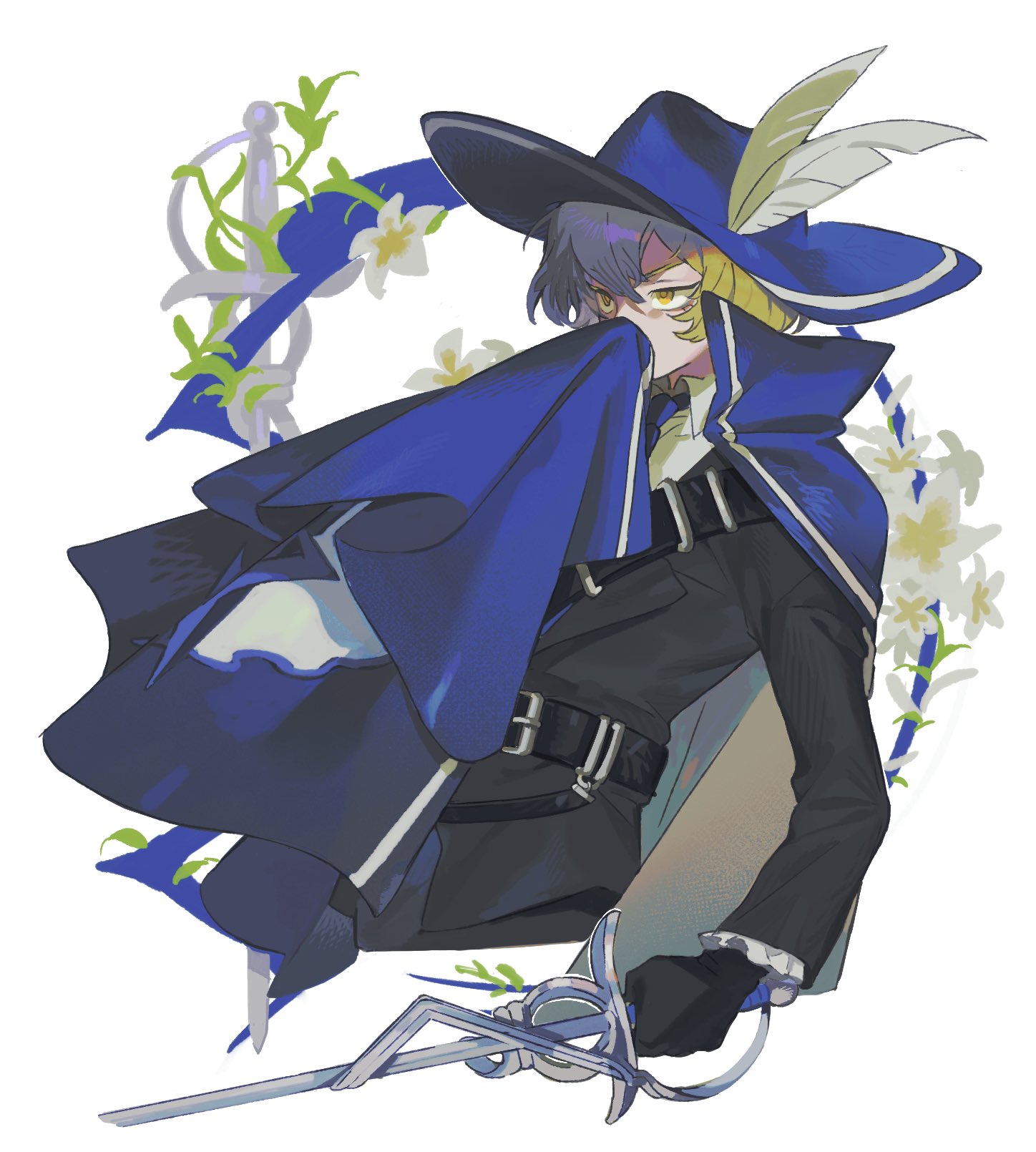 sinclair (project moon), limbus company, project moon, highres, belt, black belt, black gloves, black suit, blonde hair, blue cape, blue hat, blue necktie, cape, cavalier hat, cinq association south uniform, collared shirt, covered mouth, flower, formal clothes, from side, gloves, hat, hat feather, holding, holding sword, holding weapon, looking ahead, necktie, shirt, suit, sword, upper body, weapon, white background, white flower, yellow eyes, yuriyaki003