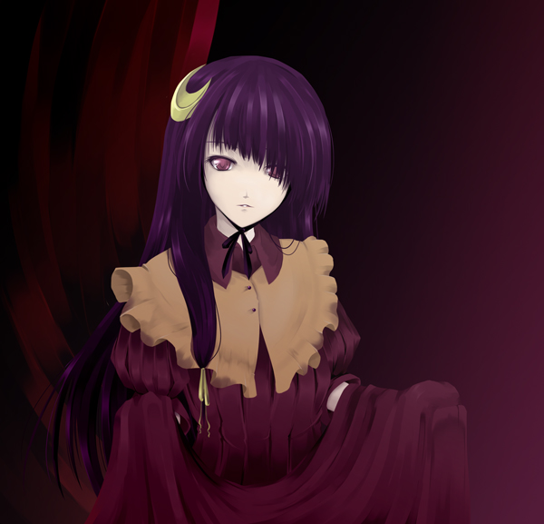 enishi midori, patchouli knowledge, touhou, 1girl, collar, crescent, crescent hair ornament, dress, expressionless, female focus, frilled collar, frilled shirt collar, frills, hair ornament, hair over one eye, long sleeves, looking at viewer, purple dress, purple eyes, purple hair, solo