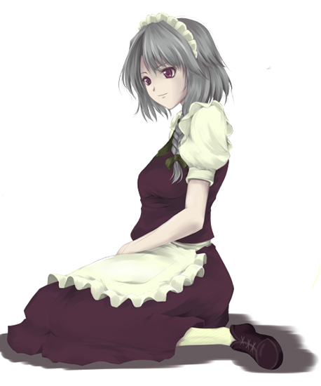 enishi midori, izayoi sakuya, touhou, silver hair, 1girl, blouse, braid, female focus, from side, full body, pantyhose, shirt, short hair, simple background, sitting, solo, twin braids, white background, white pantyhose, white shirt