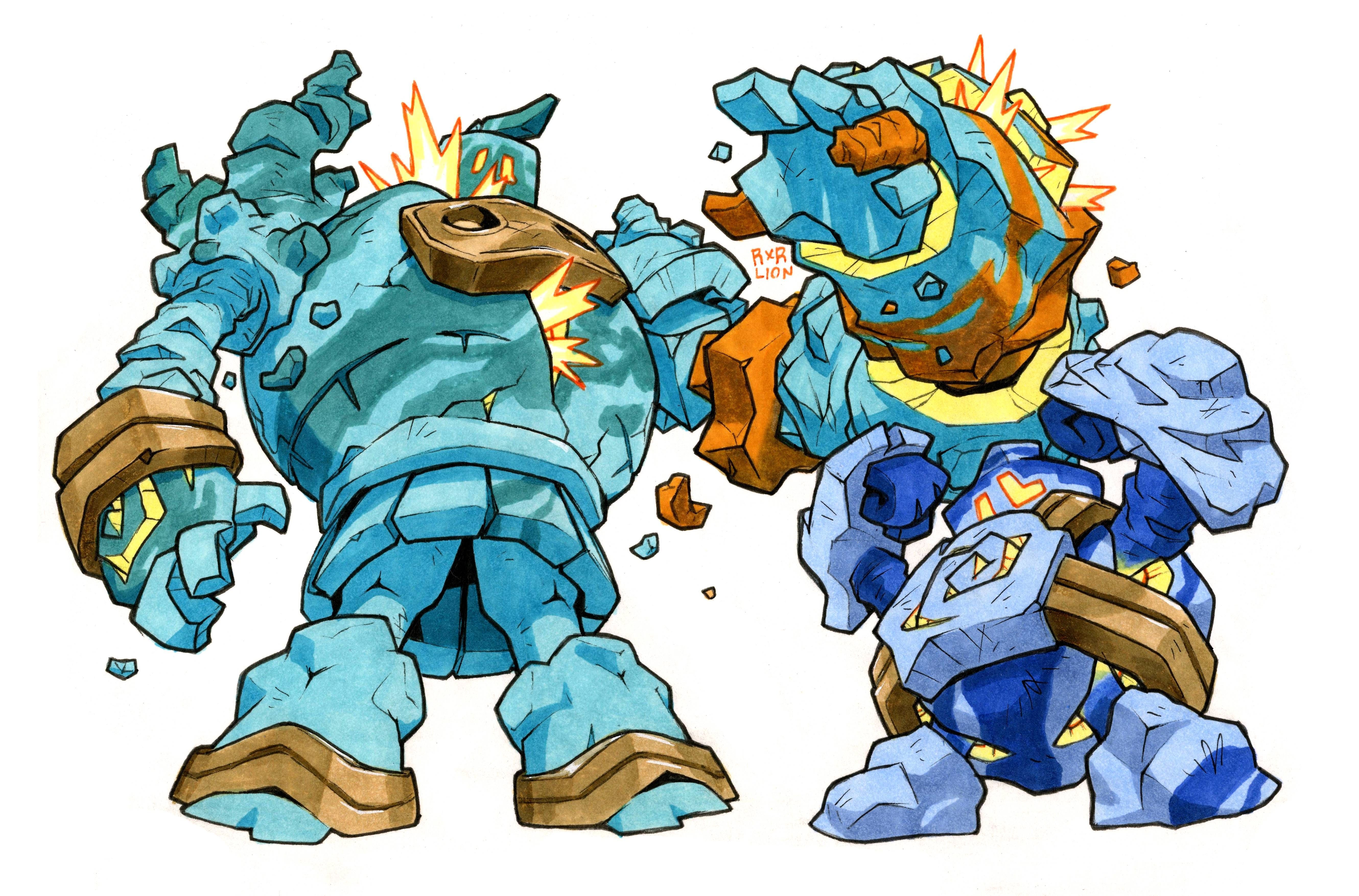 railroadlion, golett, golurk, nintendo, pokemon, 2others, arm up, arms up, explosion, facing viewer, full body, gen 5 pokemon, glowing, golem, multiple others, no humans, pokemon (creature), pokemon focus, white background