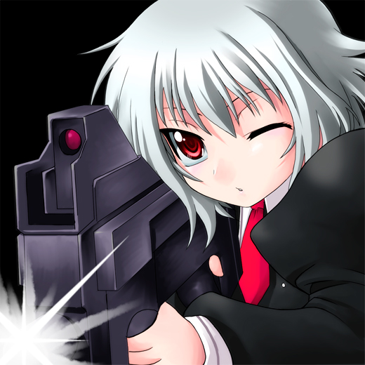 yaso shigeru, kikka (ukagaka), taromati, ukagaka, 1girl, albino, bullpup, female focus, gun, necktie, p90, personal defense weapon, red eyes, solo, submachine gun, weapon, white hair