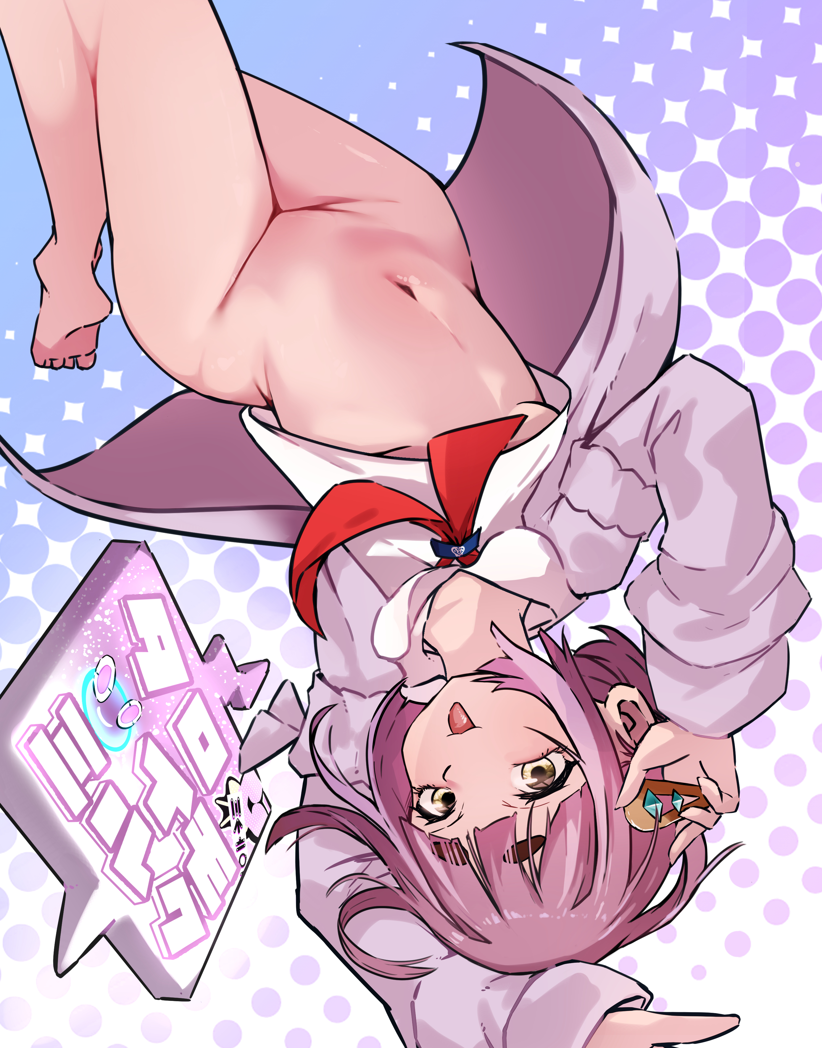osushi961, lacey (pokemon), nintendo, pokemon, pokemon sv, 1girl, arms up, barefoot, blue background, blueberry academy school uniform, bottomless, breasts, coat, cover, gradient background, hair ornament, knees together feet apart, looking at viewer, medium hair, navel, neckerchief, open clothes, open coat, pink background, pink hair, polka dot, polka dot background, smile, solo, thick eyebrows, tongue, tongue out, underboob, upside-down, white background, wide hips, yellow eyes