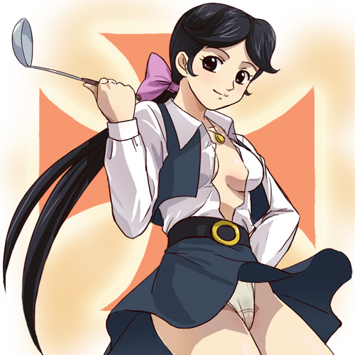 haruyama kazunori, shiratori sanae, mirai robo daltanious, lowres, 1girl, black hair, female focus, holding, jewelry, ladle, necklace, no bra, open clothes, open shirt, panties, pantyshot, ponytail, ribbon, shirt, skirt, solo, underwear, white panties