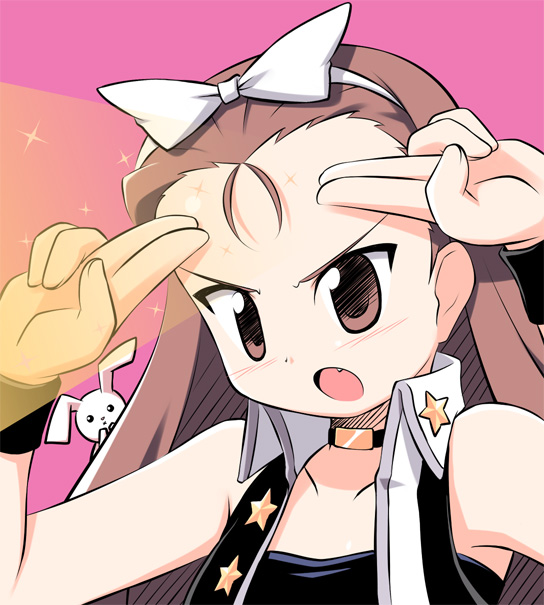 kagura yuuki, minase iori, idolmaster, idolmaster (classic), idolmaster 1, 00s, 1girl, :o, armpits, bare shoulders, bow, brown eyes, brown hair, collar, cool & sexy (idolmaster), female focus, forehead, hair bow, hairband, looking afar, open mouth, pink background, salute, simple background, solo, star (symbol), upper body, vest, white bow