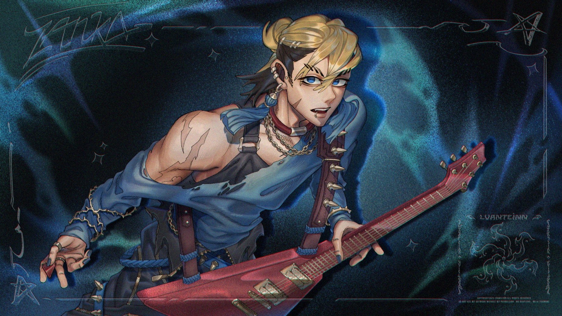 zanka nijiku, highres, 1boy, alternate universe, black hair, black pants, black shirt, blonde hair, blue earring, blue eyes, blue nails, blue shirt, choker, earrings, guitar, holding, holding guitar, holding instrument, instrument, jewelry, lvanteinn, multicolored hair, multiple rings, pants, plectrum, red choker, ring, shirt, shoulder scar, tassel, tassel earrings, torn clothes, torn shirt, two-tone hair