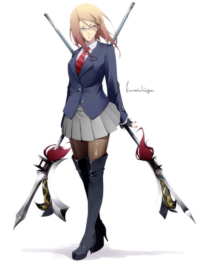 kyo (kuroichigo), original, revision, 1girl, blazer, blue eyes, boots, brown hair, dual wielding, female focus, fingerless gloves, fishnet pantyhose, fishnets, glasses, gloves, hair ornament, hairclip, high heels, holding, jacket, necktie, pantyhose, pleated skirt, polearm, school uniform, shoes, short hair, skirt, solo, spear, thigh boots, thighhighs, weapon