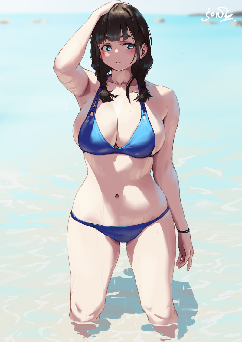 jonsun, tamami (jonsun), original, commentary request, 1girl, bikini, black hair, blue bikini, blue eyes, blurry, blurry background, braid, breasts, cleavage, large breasts, medium hair, mole, mole under each eye, mole under eye, multiple moles, navel, ocean, partially submerged, signature, solo, standing, swimsuit, twin braids, wet