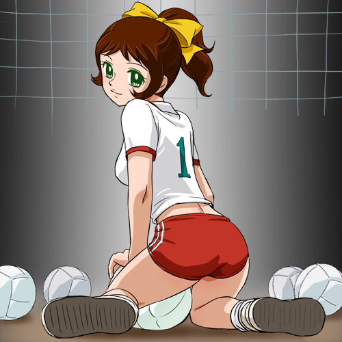 haruyama kazunori, ayuhara kozue, ayuhawa kozue, attack no 1, tms entertainment, lowres, 1970s (style), 1998, 1girl, ball, bow, brown hair, buruma, female focus, gradient background, green eyes, hair bow, high ponytail, kneeling, looking at viewer, looking back, multiple balls, oldschool, ponytail, retro artstyle, shorts, simple background, solo, volleyball, volleyball (object)