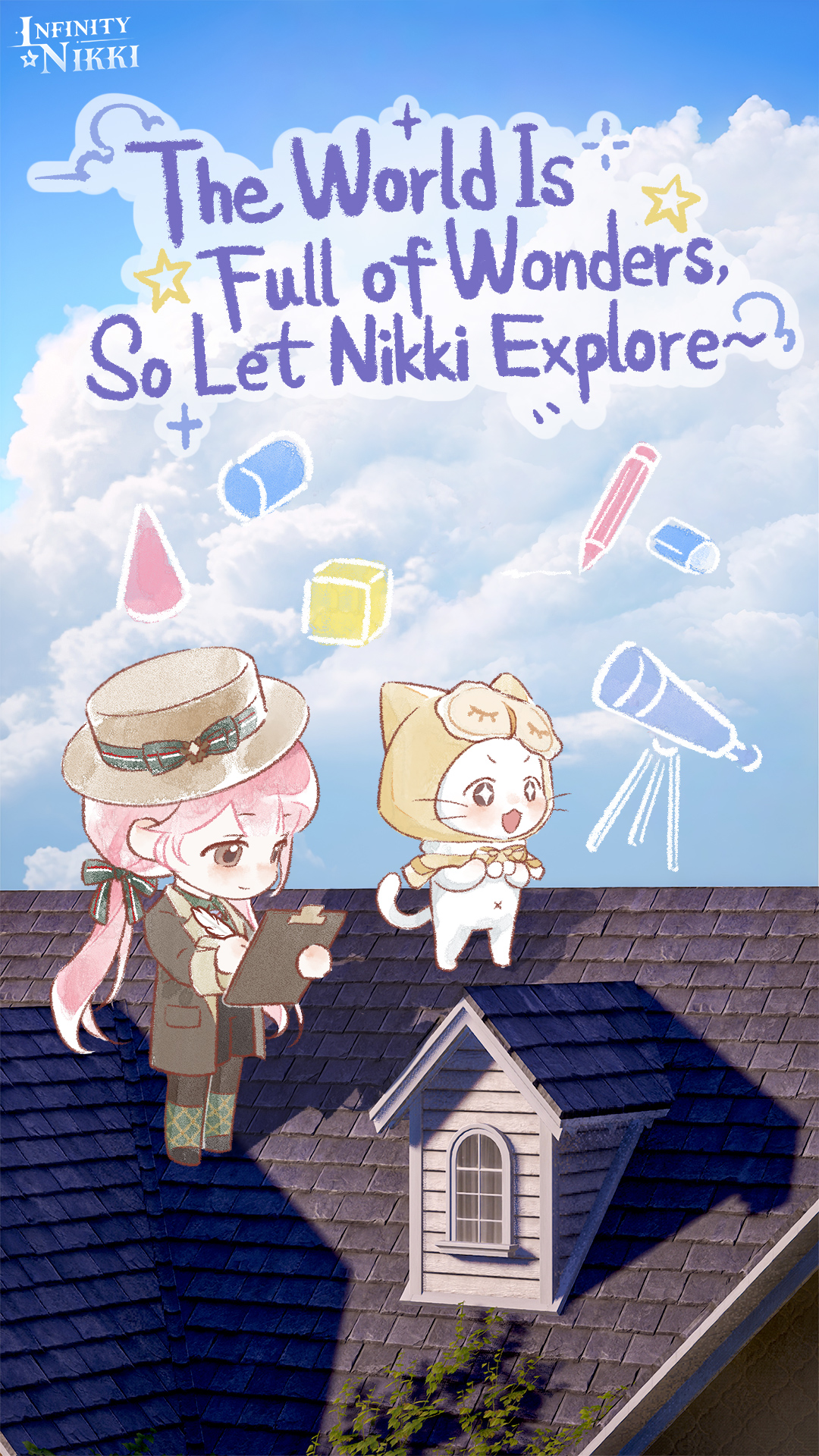 momo (nikki), nikki (nikki), infinity nikki, nikki (series), artist request, commentary, english commentary, highres, official art, second-party source, + +, 1girl, animal, argyle clothes, argyle footwear, black bow, black pantyhose, black skirt, blue sky, boots, bow, bowtie, bronze, brown coat, brown hat, cat, chibi, clipboard, cloak, closed mouth, clothed animal, cloud, coat, collared coat, copyright name, day, ear covers, english text, fur-trimmed cloak, fur trim, green boots, grey shirt, hair bow, happy, hat, hat bow, holding, holding clipboard, holding pen, hood, hood up, hooded cloak, house, knee boots, lapels, logo, long hair, long sleeves, looking at object, low twintails, mask, mask on head, miniskirt, moss, navel, notched lapels, on roof, open-toe boots, open clothes, open coat, outdoors, pantyhose, pen, pencil, photo background, pink hair, pleated skirt, pocket, shirt, single stripe, skirt, sky, sleep mask, sleeve cuffs, smile, sparkling eyes, standing, striped bow, tareme, telescope, toy block, twintails, very long hair, whiskers, white cat, window, writing, yellow bow, yellow bowtie, yellow cloak, yellow mask