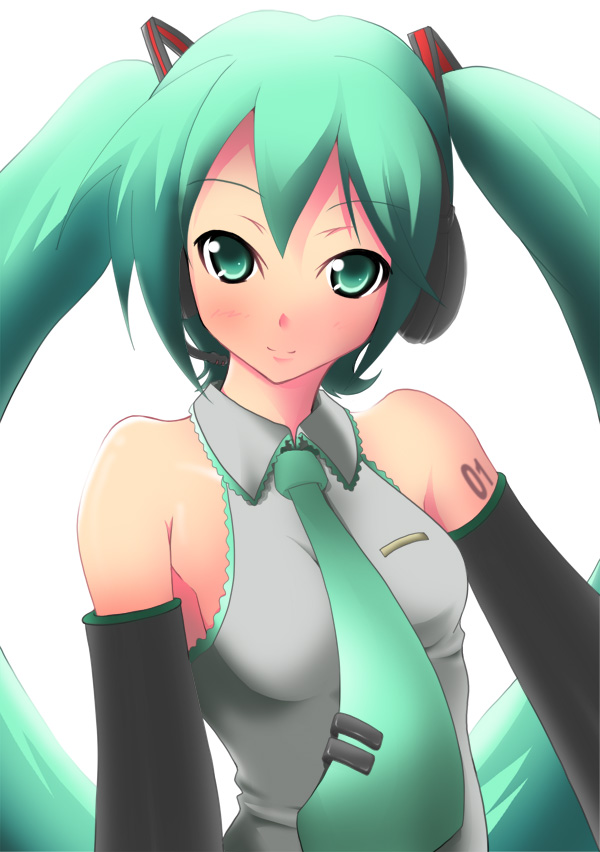 matsukura nemu, nana (732 kaiten), hatsune miku, vocaloid, 1girl, aqua hair, bow, bowtie, collared shirt, detached sleeves, female focus, grey shirt, hair ornament, hairband, headphones, long hair, looking at viewer, microphone, necktie, shirt, simple background, solo, tattoo, twintails, upper body, white background