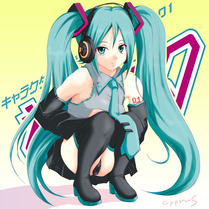cyprus (circle), hatsune miku, vocaloid, 1girl, black panties, blue eyes, blue hair, female focus, headphones, long hair, matching hair/eyes, necktie, panties, pantyshot, skirt, solo, squatting, thighhighs, twintails, underwear, very long hair, zettai ryouiki