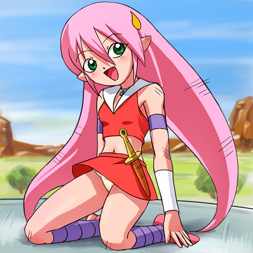 haruyama kazunori, oto tachibana, yamato takeru, lowres, 1990s (style), 1girl, :d, dagger, female focus, green eyes, kneeling, knife, long hair, midriff, miniskirt, nature, navel, open mouth, outdoors, panties, pantyshot, pink hair, red skirt, retro artstyle, skirt, smile, solo, underwear, very long hair, weapon