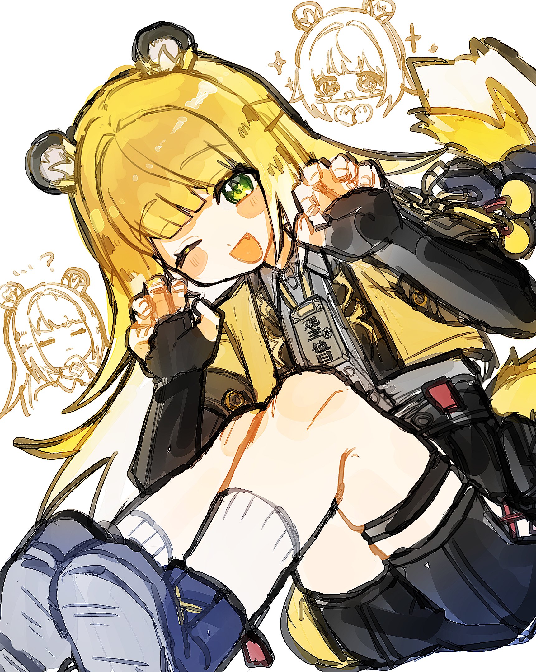 nandaka 0103, ju fufu, zenless zone zero, commentary request, highres, …?, 1girl, animal ears, black gloves, black shorts, blonde hair, blue boots, boots, claw pose, closed eyes, closed mouth, fang, fingerless gloves, gloves, green eyes, jacket, long hair, looking at viewer, multicolored hair, multiple views, one eye closed, open mouth, shorts, simple background, socks, sparkle, tail, tiger ears, tiger girl, tiger tail, white background, white hair, white socks