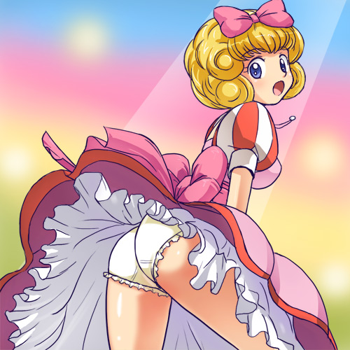 haruyama kazunori, honey honey, honey honey no suteki na bouken, lowres, 1girl, bow, female focus, hair bow, panties, pantyshot, pink bow, solo, underwear