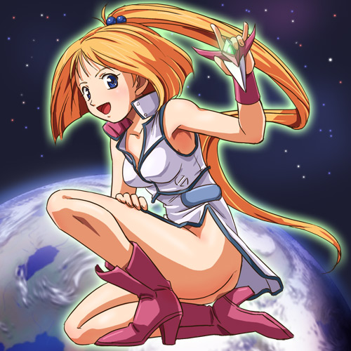 haruyama kazunori, yumi francois, tekkaman blade, tekkaman blade ii, lowres, 1990s (style), 1girl, ass, earth (planet), female focus, no panties, planet, ponytail, retro artstyle, solo