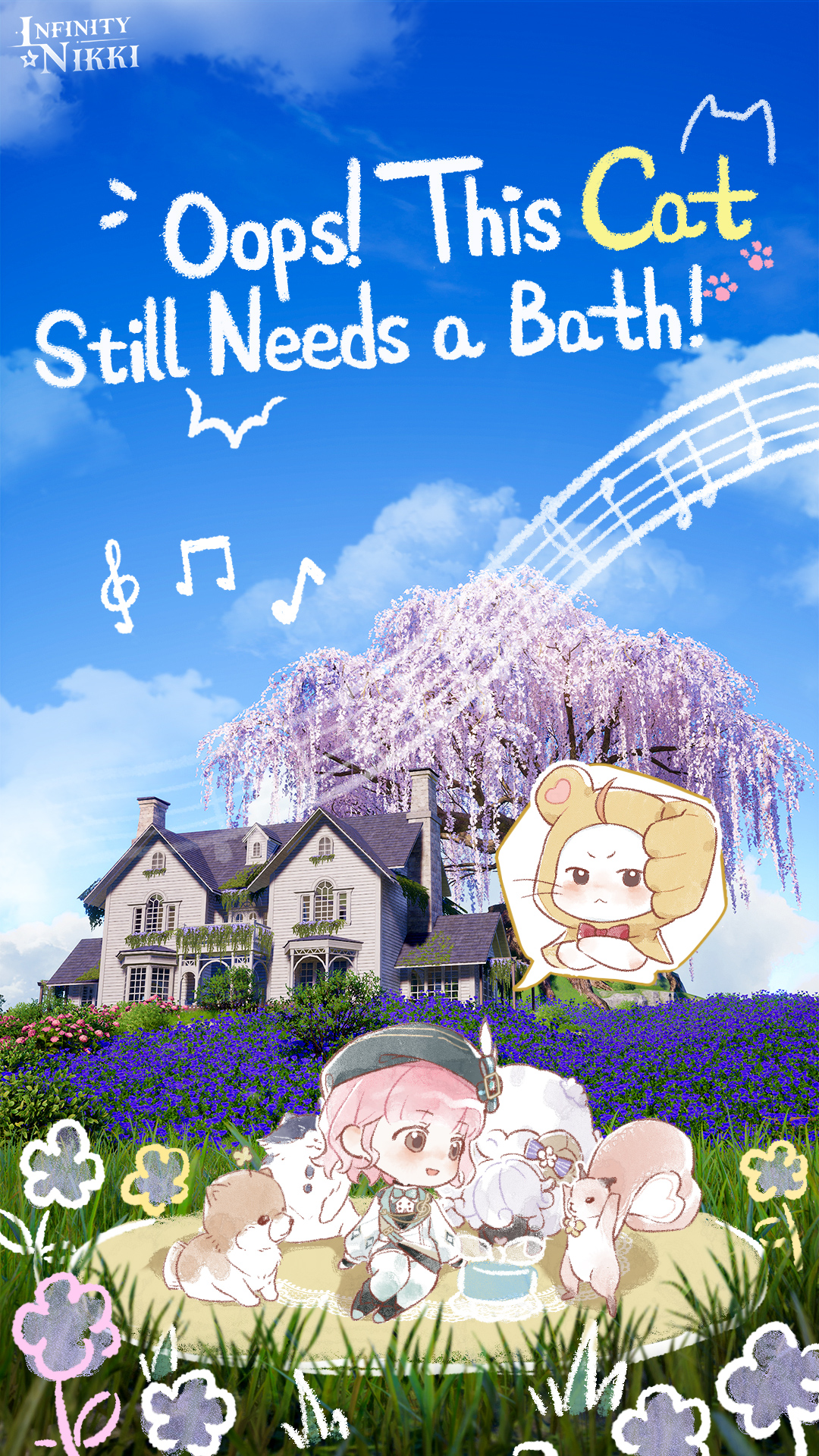 floof (infinity nikki), momo (nikki), nikki (nikki), infinity nikki, nikki (series), artist request, commentary, english commentary, highres, official art, second-party source, 1girl, ^^^, ahoge, animal, annoyed, beret, black boots, black hat, black skirt, black vest, blue sky, boots, bow, bowtie, brown eyes, cat, chibi, cloak, clothed animal, cloud, copyright name, crossed arms, cushion squirrel, day, dog, english text, eyelashes, flower, garden, grass, green bow, green bowtie, hat, hat feather, heart, heart print, hood, hood up, hooded cloak, jacket, knee boots, knee up, light blush, logo, long sleeves, looking at animal, microskirt, musical staff, notice lines, official alternate costume, open mouth, outdoors, pantyhose, paw print, photo background, pink hair, puffy long sleeves, puffy sleeves, purple flower, red bow, red bowtie, sheep, shiba inu, shirt, shirtcat, short hair, sitting, skirt, sky, smile, speech bubble, spoken character, squirrel, tareme, thumbs up, traditional bowtie, treble clef, tree, v-shaped eyebrows, vest, wavy hair, whiskers, white jacket, white pantyhose, white shirt, wisteria, yellow cloak, yokozuwari