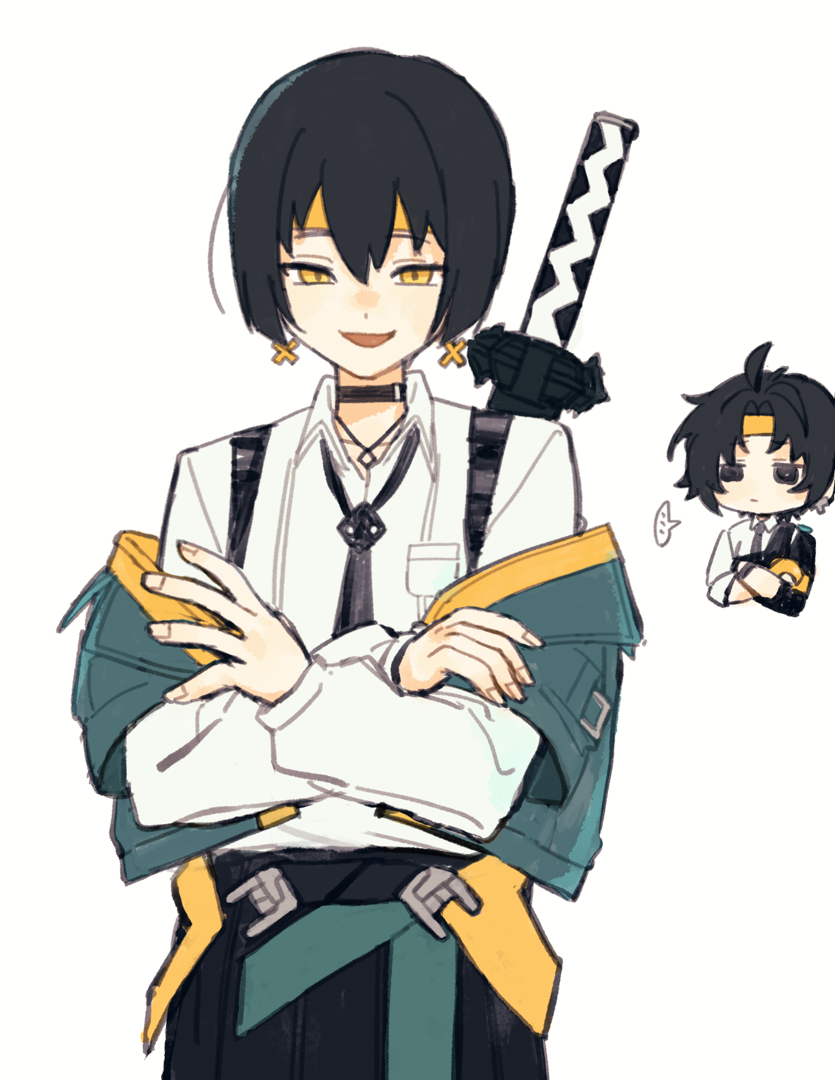nandaka 0103, asaba harumasa, zenless zone zero, commentary request, highres, …, 2boys, black choker, black hair, black necktie, choker, closed mouth, collared shirt, crossed arms, earrings, hair between eyes, headband, jewelry, long sleeves, looking at viewer, male focus, multiple boys, necktie, open mouth, shirt, simple background, spoken ellipsis, weapon, white background, white shirt, yellow eyes, yellow headband