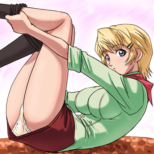 haruyama kazunori, sophie balzac kirisaki, yakitate!! japan, uniform, lowres, 00s, black pantyhose, blonde hair, blue eyes, breasts, clothes pull, dressing, large breasts, panties, pantyhose, pantyhose pull, pantyshot, short hair, solo, underwear