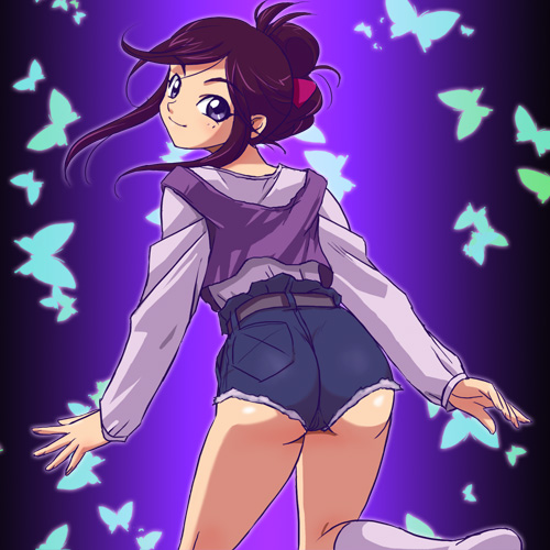 haruyama kazunori, naitou lunna, yuusha series, yuusha tokkyuu might gaine, white legwear, lowres, 1girl, ass, back, belt, blouse, blue background, bow, bug, butterfly, cutoffs, denim, denim shorts, female focus, gradient background, grey eyes, happy, insect, looking at viewer, looking back, purple background, purple hair, purple shirt, shirt, short shorts, shorts, simple background, smile, solo, vest, white shirt