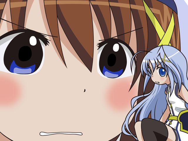 reinforce zwei, yagami hayate, lyrical nanoha, mahou shoujo lyrical nanoha, mahou shoujo lyrical nanoha strikers, 00s, 2girls, ahoge, asymmetrical clothes, asymmetrical legwear, blue eyes, blue hair, brown hair, gununu (meme), hair ornament, hat, magical girl, meme, mini person, minigirl, multiple girls, single thighhigh, thighhighs, uneven legwear, waist cape, x hair ornament