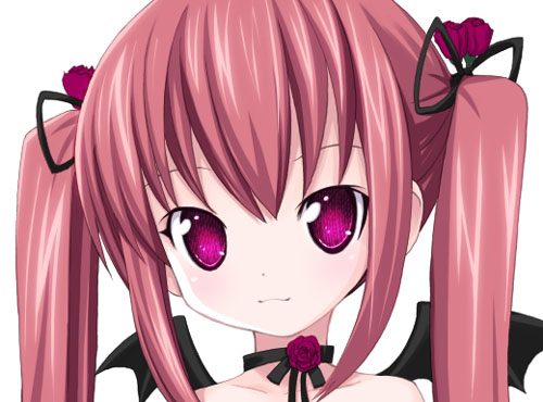 kiira, kooh (pangya), pangya, lowres, 1girl, :3, alternate hair color, bat wings, choker, female focus, hair ribbon, long hair, pink hair, portrait, purple eyes, ribbon, smile, solo, twintails, wings