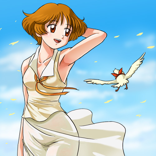 haruyama kazunori, mabel west, oliver west, agatha christie no meitantei poirot to marple, lowres, 1boy, 1girl, arm up, armpits, bird, cameltoe, day, female focus, happy, nipples, no bra, no panties, open mouth, outdoors, see-through clothes, sky, smile, solo, wind